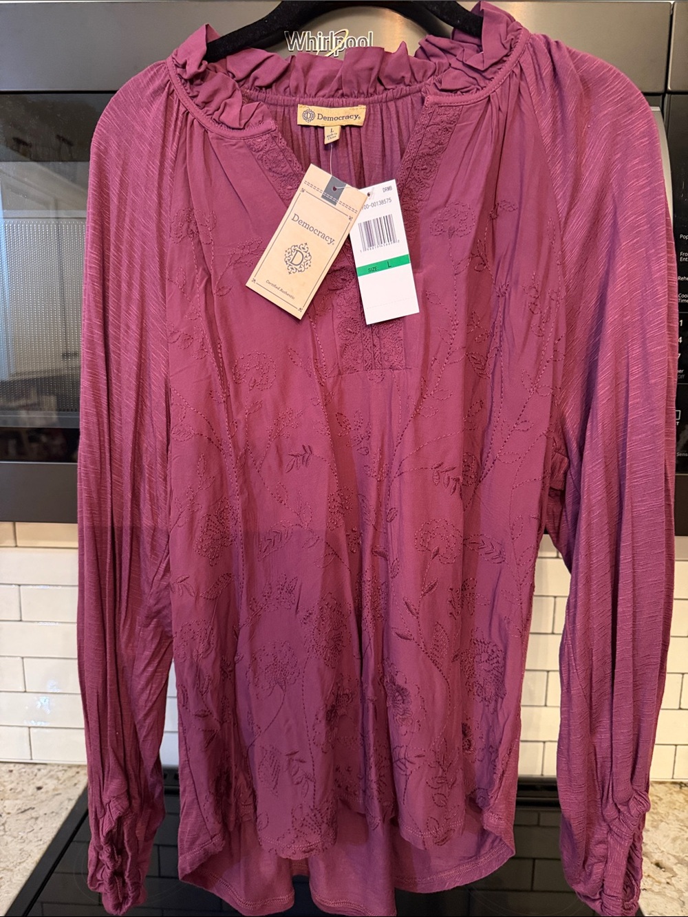 Democracy Deep Mauve Long-Sleeve Ruffle-Neck Embroidered Blouse
